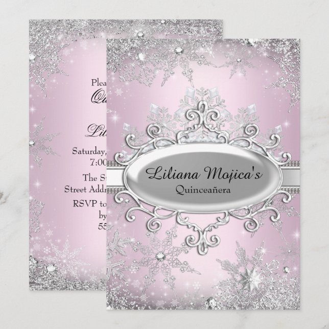 Convites Cristal Rosa Claro Floco de Neve Princesa Quincean (Frente/Verso)