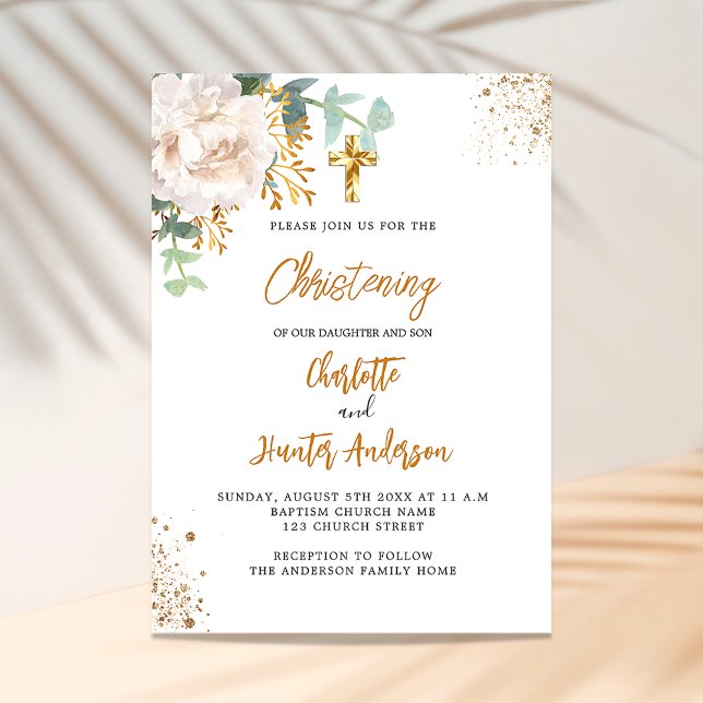 Convites Cristening eucalyptus greenery twin floral luxury (Criador carregado)