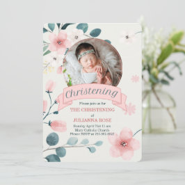 Convites Cristening Rosa para Bebê Menina Pêssegos