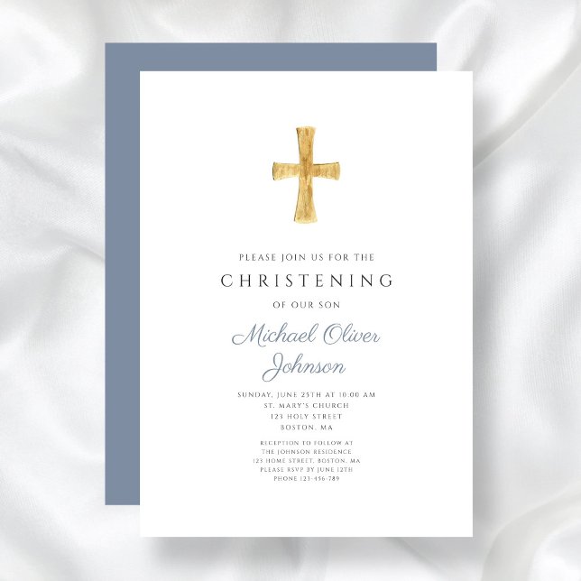Convites Cristo Azul Moderno da Cruz Religiosa (Modern Religious Cross Dusty Blue Christening Invitation)