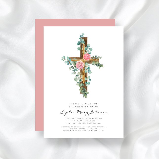 Convites Cristo Religioso Ecalyptus Rosa (Pink Eucalyptus Cross Religious Christening Invitation)