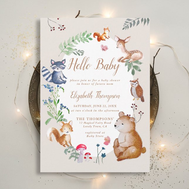 Convites Critério Da Floresta Encantada De Chá de fraldas D (woodland baby shower invitation enchanted woods forest bear fox deer blue wildflowers earthy magic)