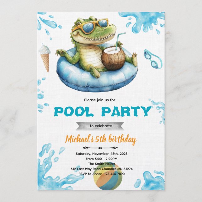 Convites Crocodile Pool Party Birthday Invitation (Frente)