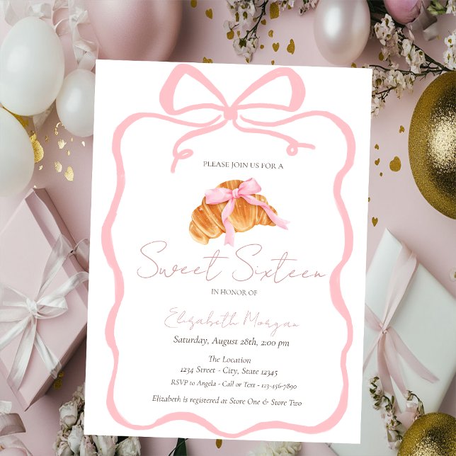 Convites Croissant Parisiense Laço Rosa Sweet 16 (Criador carregado)