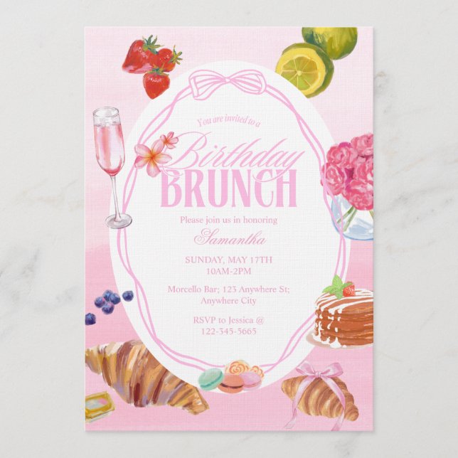 Convites Croissant Rosa Aniversário Brunch  (Frente)