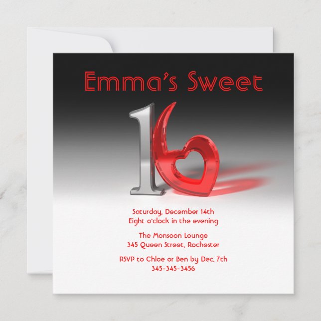 Convites Cromo e doce Red Sweet 16 (Frente)