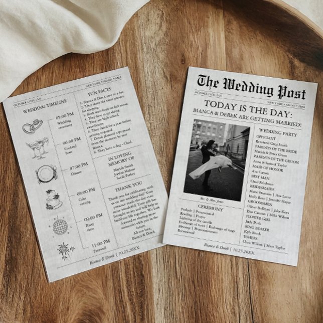 Convites Cronograma de Programa de Casamento com Foto de Jo (Newspaper Wedding Invitation with Timeline, Wedding Party)