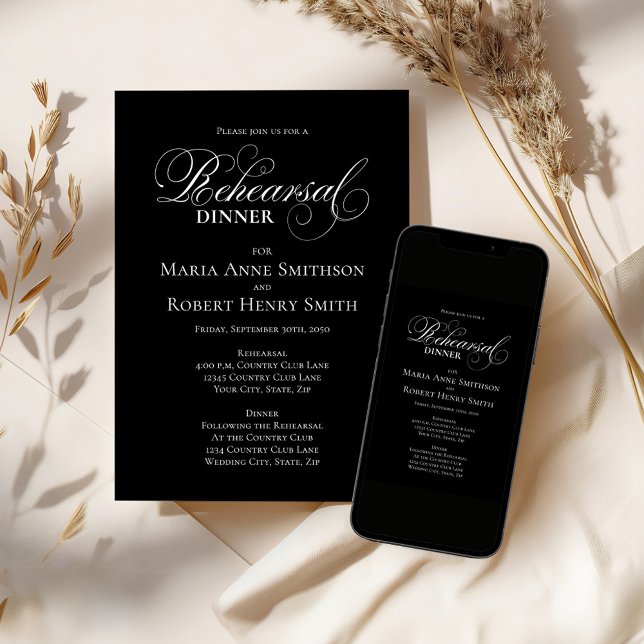 Convites Cronograma do Janto de ensaio em preto-e-branco (Black and white wedding rehearsal dinner invitation template. )