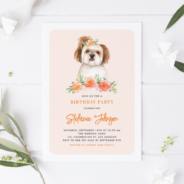 Convites Crote Watercolor Shih Tzu Peach Floral Birthday (Criador carregado)