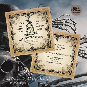 Convites Crow Spooky em uma Tombstone e Bats Halloween