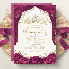 Convites Crown Floral Burgundy Moderna Quinceanera