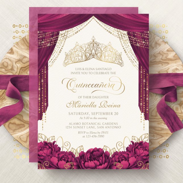 Convites Crown Floral Burgundy Moderno Quinceanera (Criador carregado)