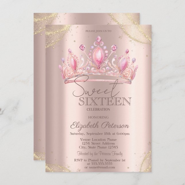Convites  Crown Gold Glitter Corners Rose Gold Sweet 16   (Frente/Verso)