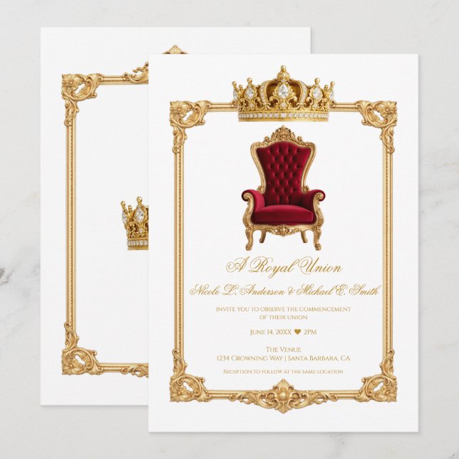 Convites Crowned in Gold Royal Chair & Crown Wedding (Frente/Verso)