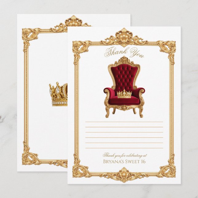 Convites Crowned in Gold Royal Chair Thank You (Frente/Verso)