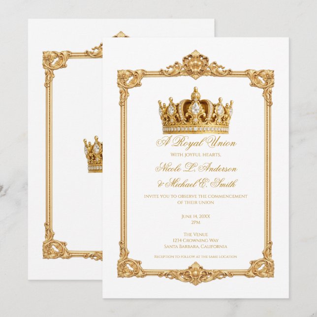 Convites Crowned in Gold Royal Crown Elegant Wedding (Frente/Verso)