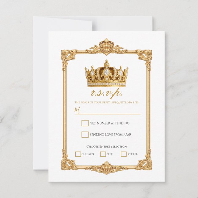 Convites Crowned in Gold Royal Crown Elegant Wedding RSVP (Frente)
