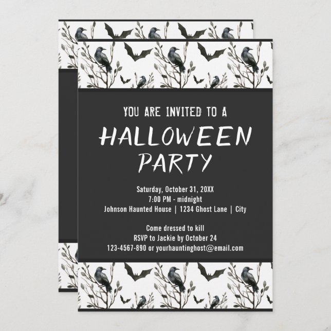 Convites Crows Bats do Dia das Bruxas - Cor Branca e Preta (Frente/Verso)