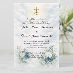 Convites Crucifixo Dourado Católico com Floral Azul e Branc