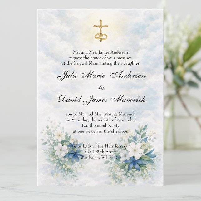 Convites Crucifixo Dourado Católico com Floral Azul e Branc (Criador carregado)