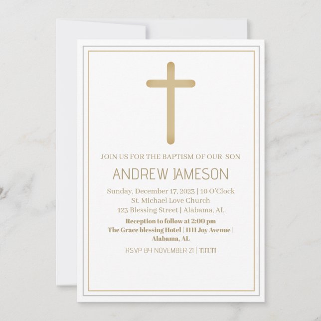 Convites Cruz Azul Dourada Elegante | Batismo (Frente)