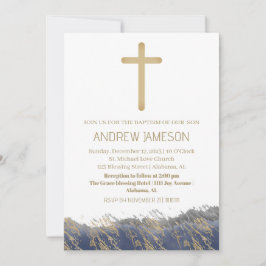 Convites Cruz Azul Dourada Elegante | Batismo