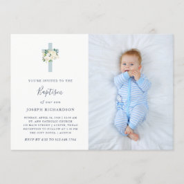 Convites Cruz Azul e Flores Brancas | Foto Menino Batismo