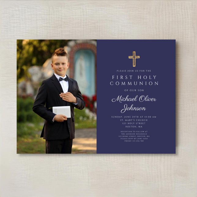 Convites Cruz Azul Marinho Foto Menino Primeira Comunhão  (Navy Blue Cross Photo Boy First Communion Invitation)