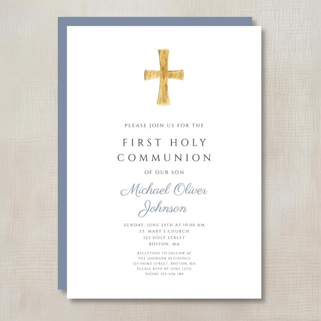 Convites Cruz Azul Primeira Comunhão Solene Religiosa Menin (Blue Cross Religious Boy First Holy Communion Invitation)