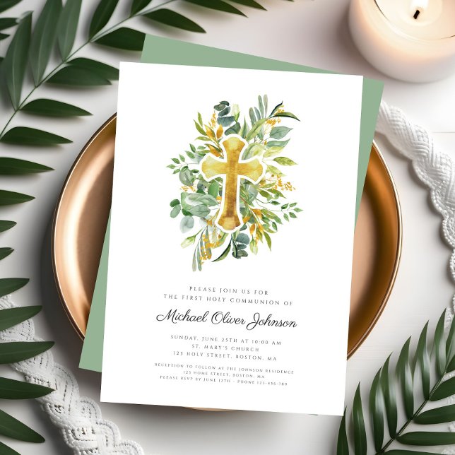 Convites Cruz Botânica Elegante Primeira Comunhão (Elegant Botanical Cross First Communion Invitation)