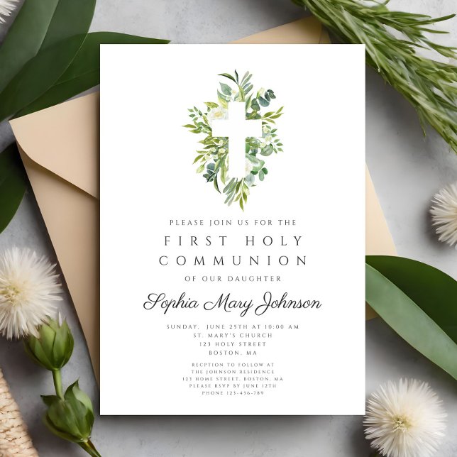 Convites Cruz Botânica Verde Elegante Primeira Comunhão (Elegant Green Botanical Cross First Communion Invitation)