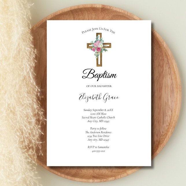 Convites Cruz com Flores Rosa Batismo (Wooden Cross with flowers Baptism Christening Invitation. Printed or Digital download)