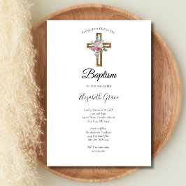 Convites Cruz com Flores Rosa Cristando Batismo