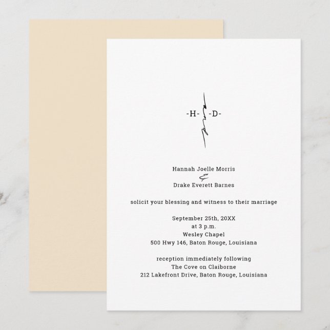 Convites Cruz Cristã de Casamento com Letra Manuscrita Mono (Frente/Verso)