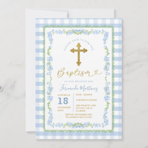 Convites Cruz de Batismo Vintage Grandmillenial Floral Azul