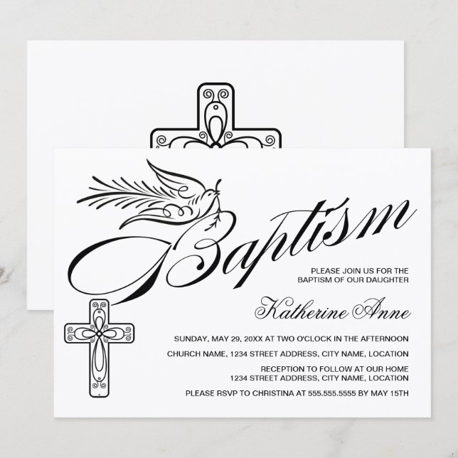 Convites Cruz de Caligrafia Elegante e Batismo de Pombo (Frente/Verso)