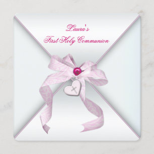 Convites Cruz de Coração Rosa Meninas Primeira Comunhão