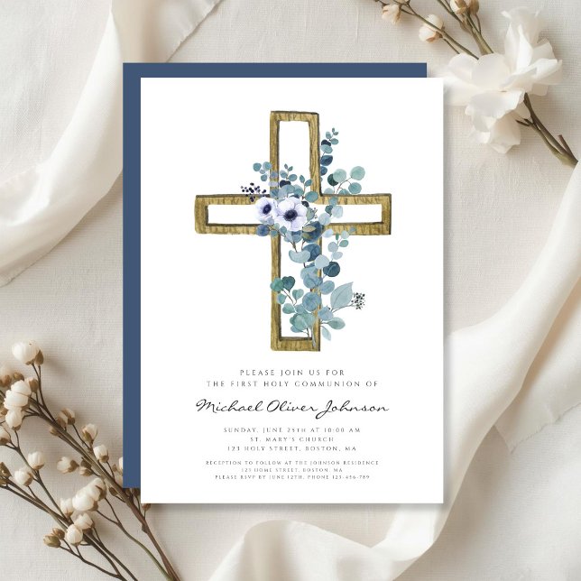 Convites Cruz de Eucalipto Moderna Primeira Comunhão Religi (Modern Eucalyptus Cross Religious First Communion Invitation)