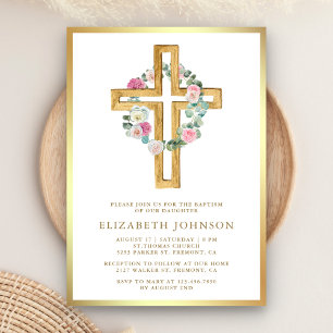 Convites Cruz de Madeira Eucalipto Dourado Floral Rústico B