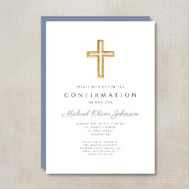 Convites Cruz de Madeira Religiosa Azul Confirmação Menino