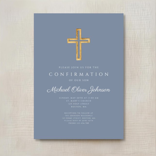 Convites Cruz de Madeira Religiosa Azul Empoeirada Confirma (Dusty Blue Religious Wood Cross Boy Confirmation Invitation Digital Download)