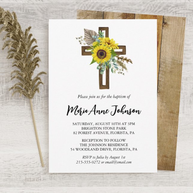Convites Cruz de Madeira Rústica Boho de Girassol Batismo (Criador carregado)