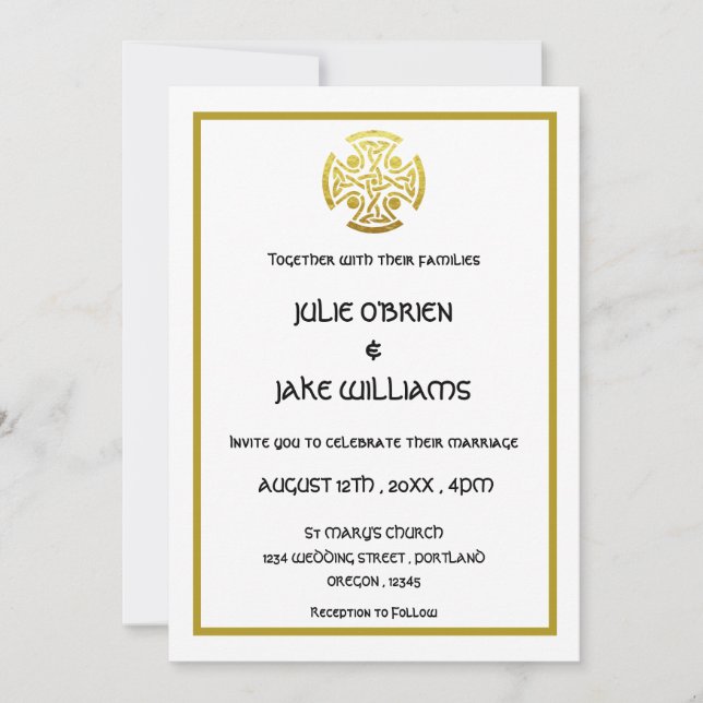 Convites Cruz de Nó Celta Falso Ouro para Casamento (Frente)