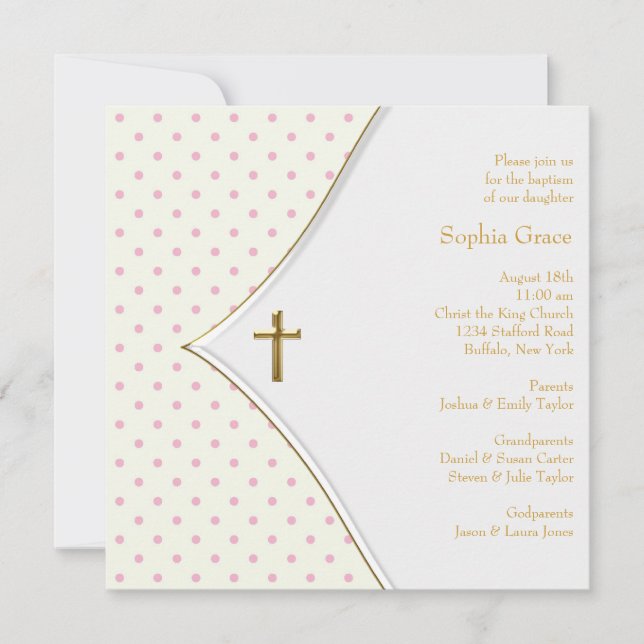 Convites Cruz de Ouro Branco Rosa para Batizado de Menina (Frente)