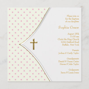 Convites Cruz de Ouro Branco Rosa para Batizado de Menina