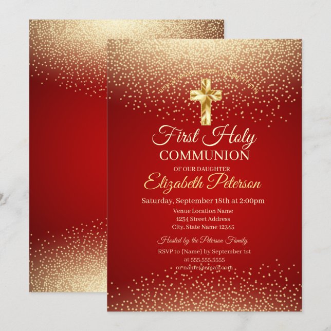 Convites Cruz de ouro com pontos vermelhos Primeira Comunhã (Frente/Verso)