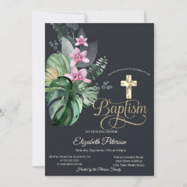 Convites Cruz de ouro elegante Flores tropicais Batismo esc
