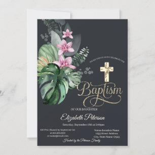 Convites Cruz de ouro elegante Flores tropicais Batismo esc
