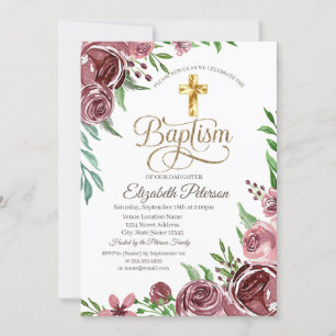 Convites Cruz de Ouro Elegante Rosas Bordeaux Batismo