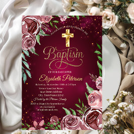 Convites Cruz de Ouro Rosas Bordô Batismo